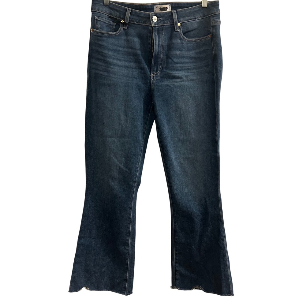 Paige Colette Crop Flare Jeans Dark Wash Distressed Raw Hem Women's Size 30
